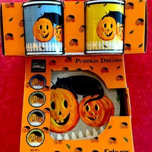NIB Pumpkin Dreams Vintage Warren Kimble set of plates & coffee mugs. Halloween